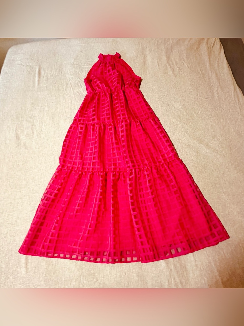 Windowpane Chiffon Halter Maxi Dress in Fuchsia Pink - Women’s L - Picture 6 of 16